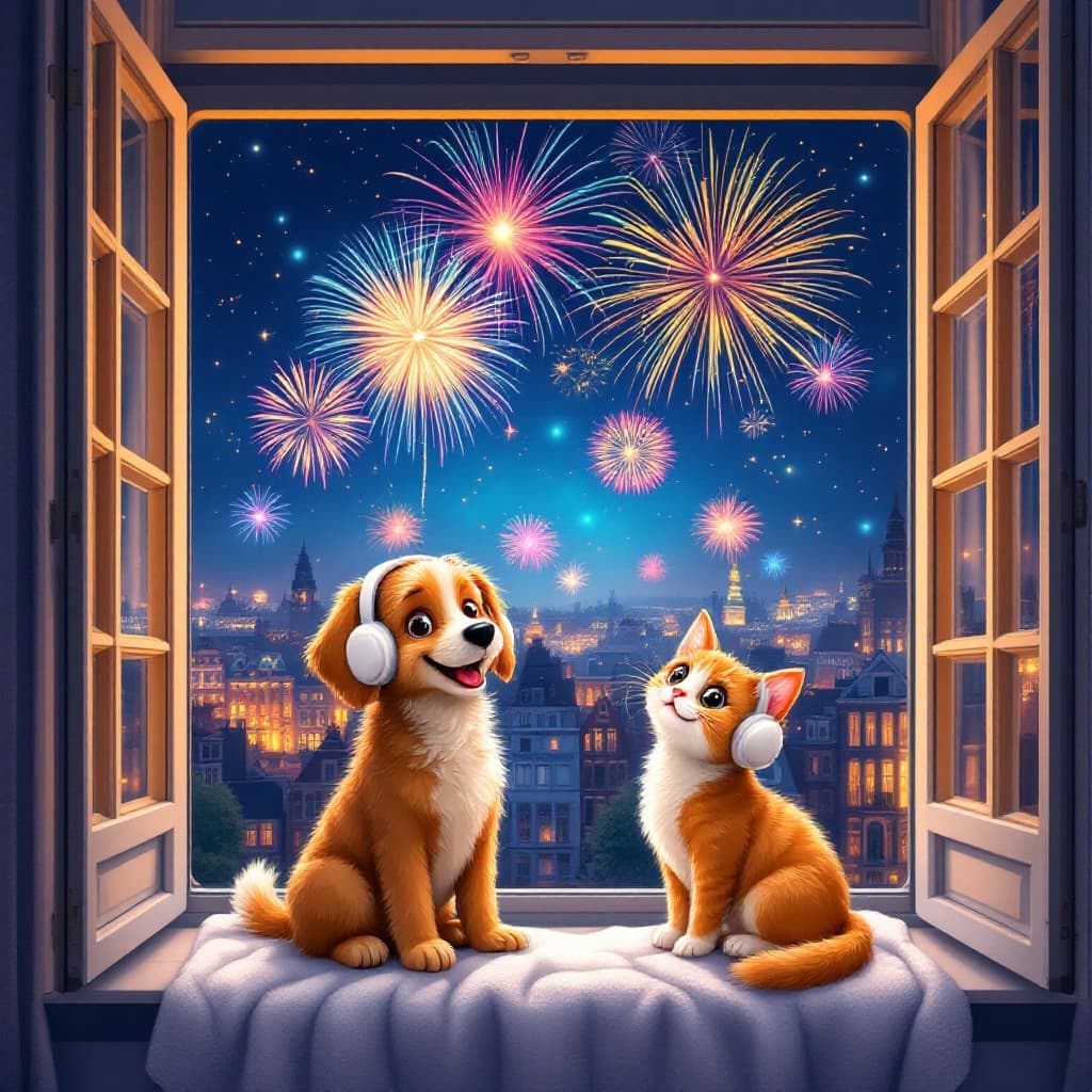 Hund und Katze mit Kopfhörern schauen auf Feuerwerk vor dem Fenster