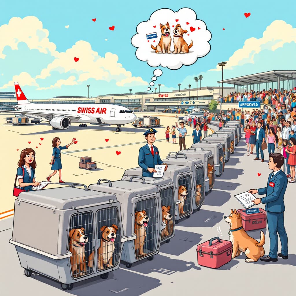 Dog with suitcase, ready for adoption