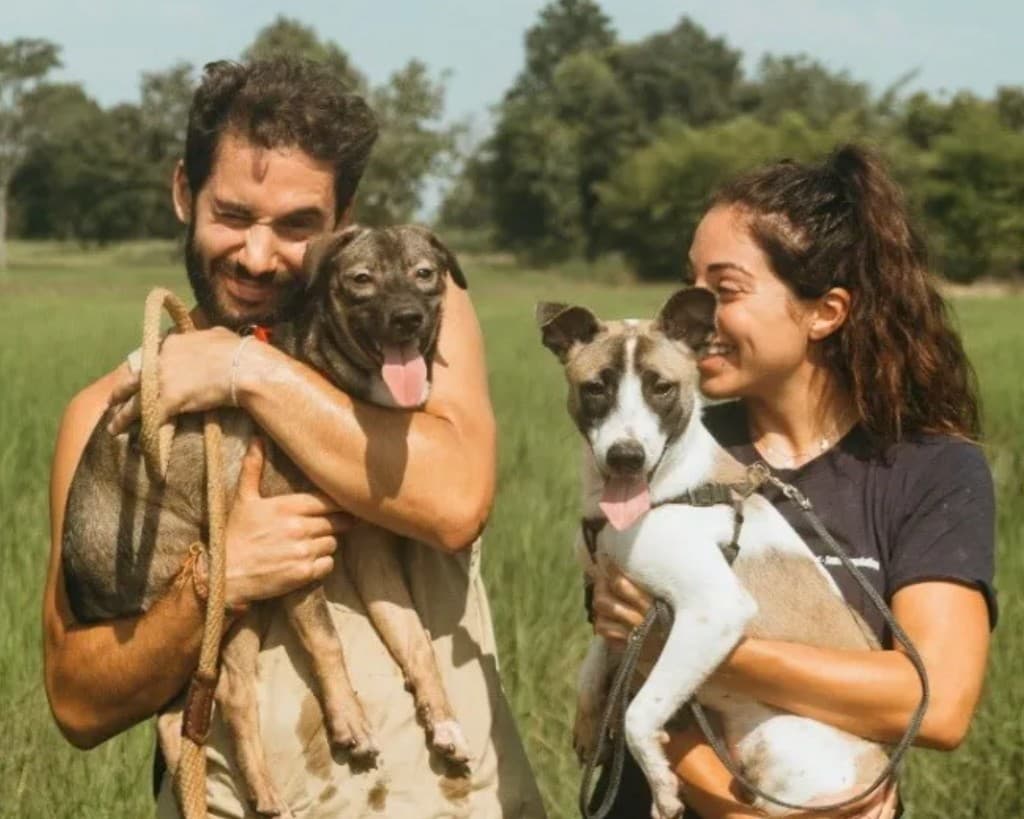 Volunteers with rescued dogs